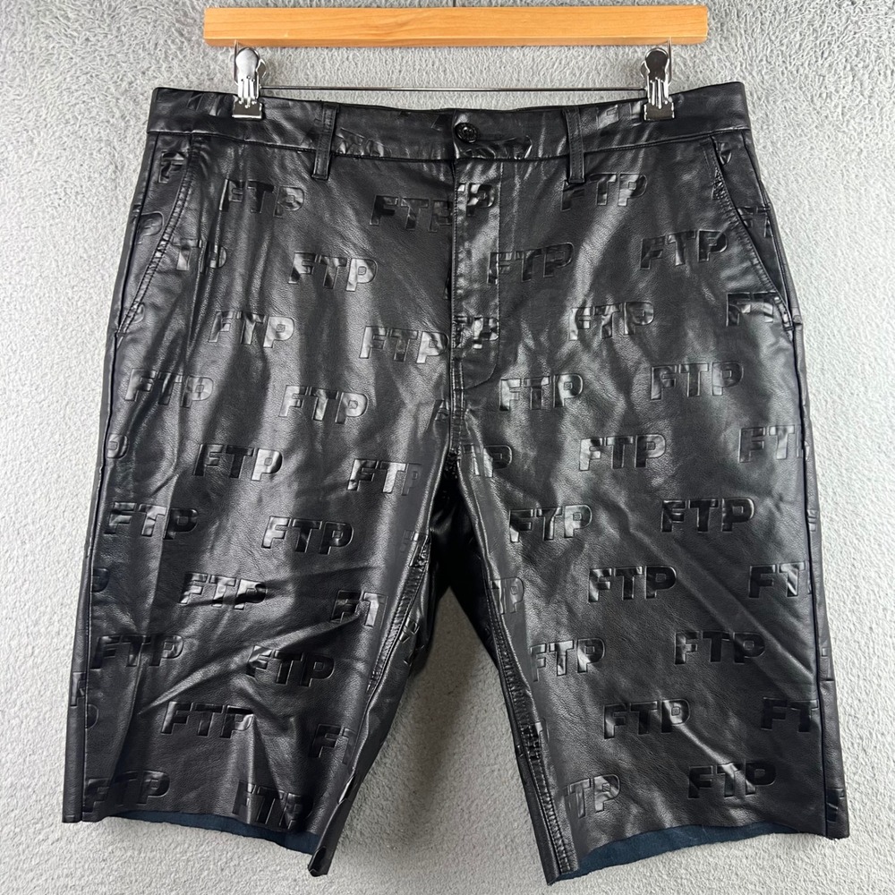 FTP Fuckthepopulation All Over Embossed Logo Faux Leather Shorts cut off Mens 38